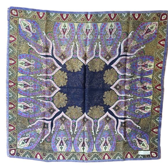 Oscar De La Renta Purple Wool Printed Sparkly Scarf fringe edges 30in Vintage - Picture 6 of 10